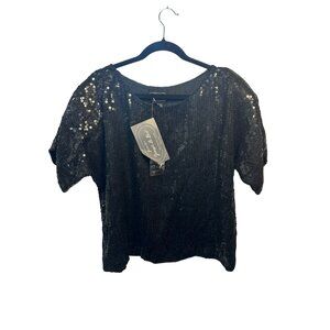 VTG Joseph Le Bon XL Black Sequin Silk Beaded Top 22x23 Boxy Evening Party